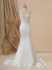 Mermaid Satin Spaghetti Straps Appliques Lace Chapel Train Corset Wedding Dress