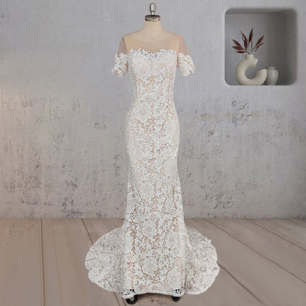 Mermaid Scoop Illusion Neck Floral Wedding Dress
