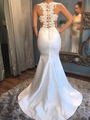 Mermaid Scoop Sleeveless Satin Applique Court Train Wedding Dresses