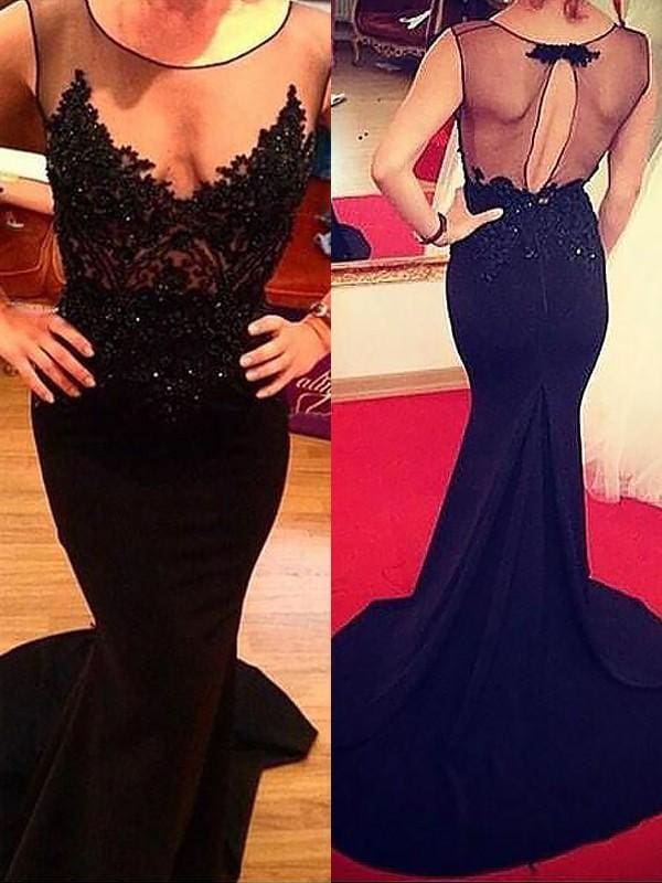 Mermaid Scoop Sleeveless Sweep/Brush Train With Applique Satin Dresses