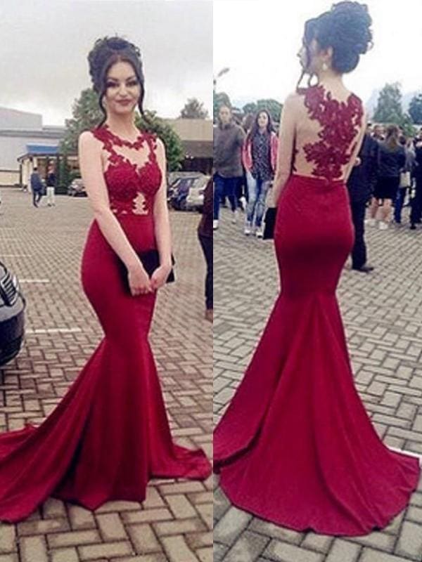 Mermaid Sleeveless Scoop Sweep/Brush Train With Applique Satin Dresses