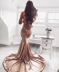 Mermaid Sleeveless Straps Ruffles Satin Prom Dresses