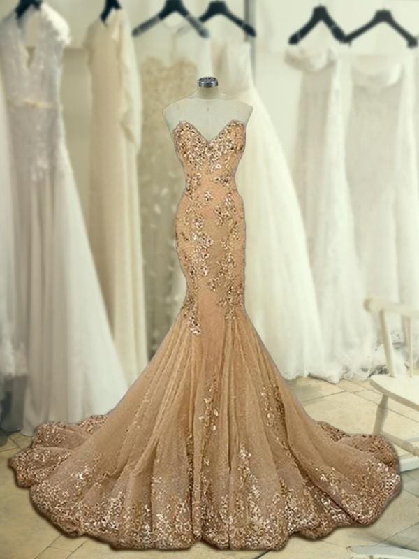 Mermaid Sleeveless Sweetheart Sweep/Brush Train Sequin Tulle Dresses