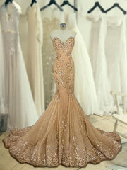 Mermaid Sleeveless Sweetheart Sweep/Brush Train Sequin Tulle Dresses