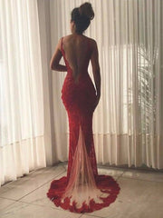 Mermaid Sleeveless V-neck Burgundy Prom Dress with Front Split