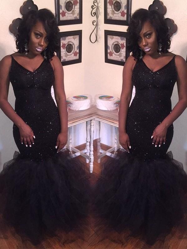 Mermaid Sleeveless V-Neck Floor-Length Sequin Tulle Dresses