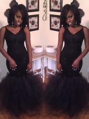 Mermaid Sleeveless V-Neck Floor-Length Sequin Tulle Dresses