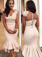 Mermaid Sleeveless V-Neck Satin With Beading Asymmetrical Dresses