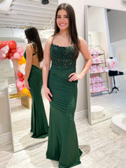 Jimena | Mermaid Spaghetti Straps Dark Green Long Prom Dress with Appliques