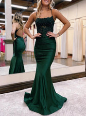 Jimena | Mermaid Spaghetti Straps Dark Green Long Prom Dress with Appliques