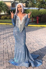 Mermaid Transparent Deep V-neck -Round Collar Floor Length Sequin Fringe Prom Dress