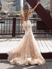 Jewel Neck Mermaid/Trumpet Bridal Dress Chapel Train Lace Tulle Backless Wedding Dresses with Illusion Detail