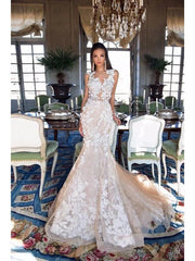 Jewel Neck Mermaid/Trumpet Bridal Dress Chapel Train Lace Tulle Backless Wedding Dresses with Illusion Detail