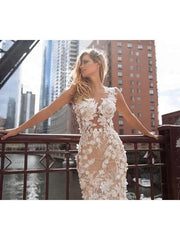 Jewel Neck Mermaid/Trumpet Bridal Dress Chapel Train Lace Tulle Backless Wedding Dresses with Illusion Detail
