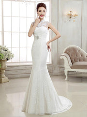 Mermaid \ Trumpet Wedding Dresses High Neck Sweep \ Brush Train Lace Cap Sleeve Sexy Illusion Detail Backless