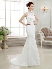 Mermaid \ Trumpet Wedding Dresses High Neck Sweep \ Brush Train Lace Cap Sleeve Sexy Illusion Detail Backless