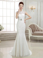 Mermaid \ Trumpet Wedding Dresses High Neck Sweep \ Brush Train Lace Cap Sleeve Sexy Illusion Detail Backless