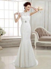 Mermaid \ Trumpet Wedding Dresses High Neck Sweep \ Brush Train Lace Cap Sleeve Sexy Illusion Detail Backless