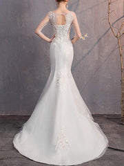 Mermaid \ Trumpet Wedding Dresses Jewel Neck Sweep \ Brush Train Lace Tulle Half Sleeve