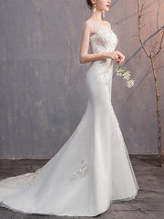 Mermaid \ Trumpet Wedding Dresses Jewel Neck Sweep \ Brush Train Lace Tulle Half Sleeve