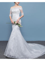 Mermaid \ Trumpet Wedding Dresses Off Shoulder Floor Length Lace Tulle Sleeveless Formal Plus Size