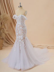Mermaid Tulle Off-the-Shoulder Appliques Lace Cathedral Train Corset Wedding Dress