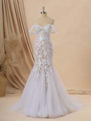 Mermaid Tulle Off-the-Shoulder Appliques Lace Cathedral Train Corset Wedding Dress