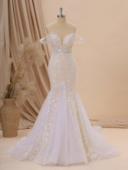 Mermaid Tulle Off-the-Shoulder Appliques Lace Cathedral Train Corset Wedding Dress