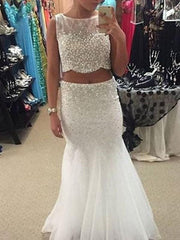 Mermaid Tulle Scoop Sleeveless Floor-Length With Beading Dresses
