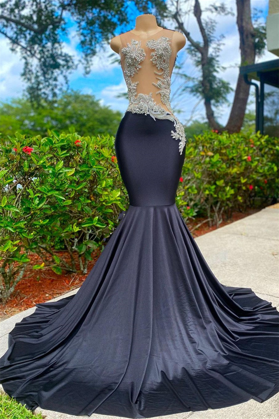 Mermaid v-neck Appliques kanten lovertjes open rug een schouder vloer lengte mouwloze prom-jurk