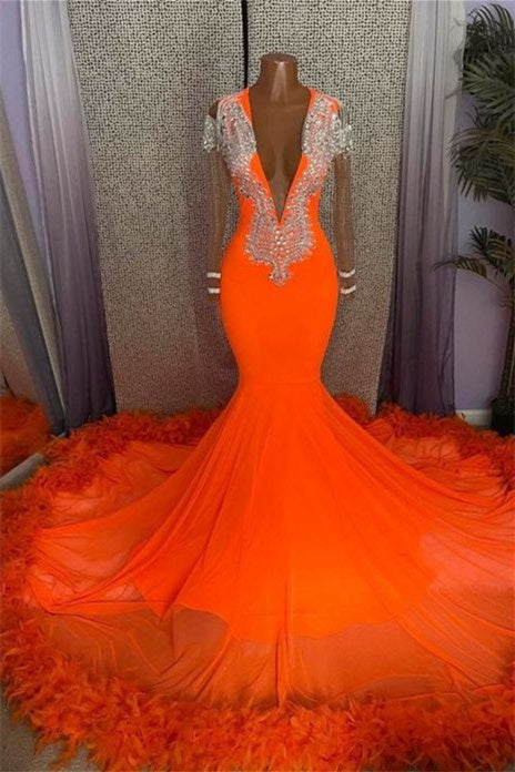 Mermaid V-hals kralen lovertjes lovert vloerlange lange mouwen met veren prom-jurk