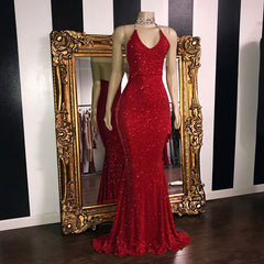 Mermaid V-neck Halter Floor Length Ruffle Hem Paillette Prom Dress