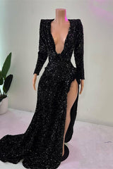 Zeemeermin v-neck hoge gesplitste lovertjes vloerlengte lange mouw prom-jurk met lange mouwen