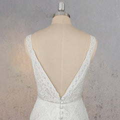 Mermaid White V Neck Illusion Wedding Dress