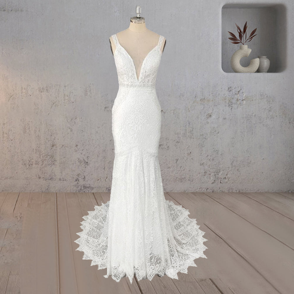 Mermaid White V Neck Illusion Wedding Dress
