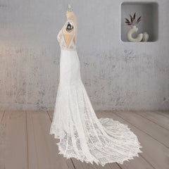 Mermaid White V Neck Illusion Wedding Dress
