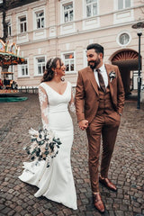 Mermaid V Neck Lace Wedding Dress with Long Sleeves