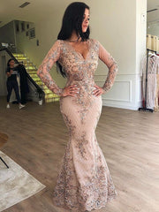 Mermaid V-neck Long Sleevess Appliques Prom Dresses with Detachable Skirt