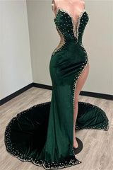 Mermaid V-hals spaghetti-riem kralen hoge split-lengte mouwloze prom-jurk
