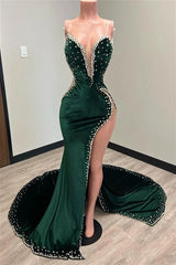 Mermaid V-hals spaghetti-riem kralen hoge split-lengte mouwloze prom-jurk