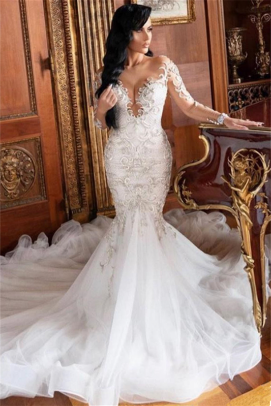 Mermaid Wedding Dress with Long Sleeves & Lace Appliques