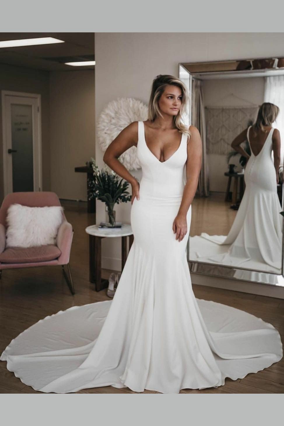 Sexy Mermaid Backless Cheap Satin Beach Wedding Dresses