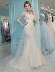 Mermaid Wedding Dresses Lace Half Sleeve Illusion Sweetheart Beading Keyhole Bridal Gown With Train