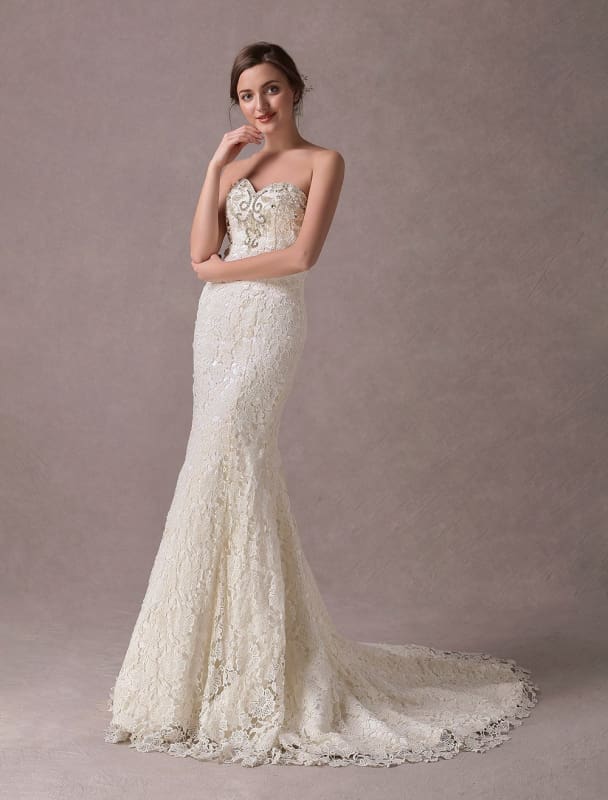 Mermaid Wedding Dresses Lace Strapless Ivory Sweetheart Beaded Bridal Dress With Train