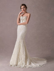 Mermaid Wedding Dresses Lace Strapless Ivory Sweetheart Beaded Bridal Dress With Train