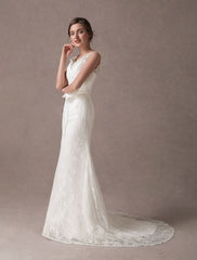 Mermaid Wedding Dresses Lace V Neck Flower Sash Ivory Bridal Dress With Train