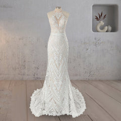 Mermaid White Halter Lace Appliqued Wedding Dress