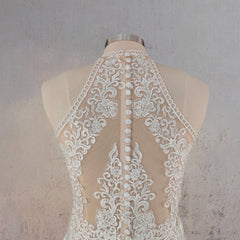 Mermaid White Halter Lace Appliqued Wedding Dress