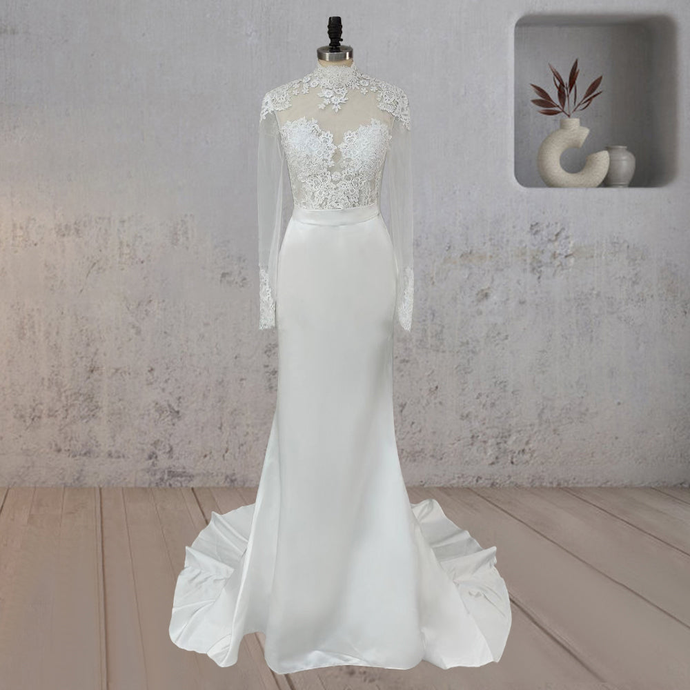 Mermaid White Lace Covered Button Back Wedding Dress