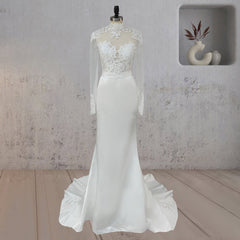Mermaid White Lace Covered Button Back Wedding Dress